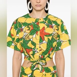 Alessandro Enriquez Lemon Print Short Sleeve Front Tie Blouse IT 42